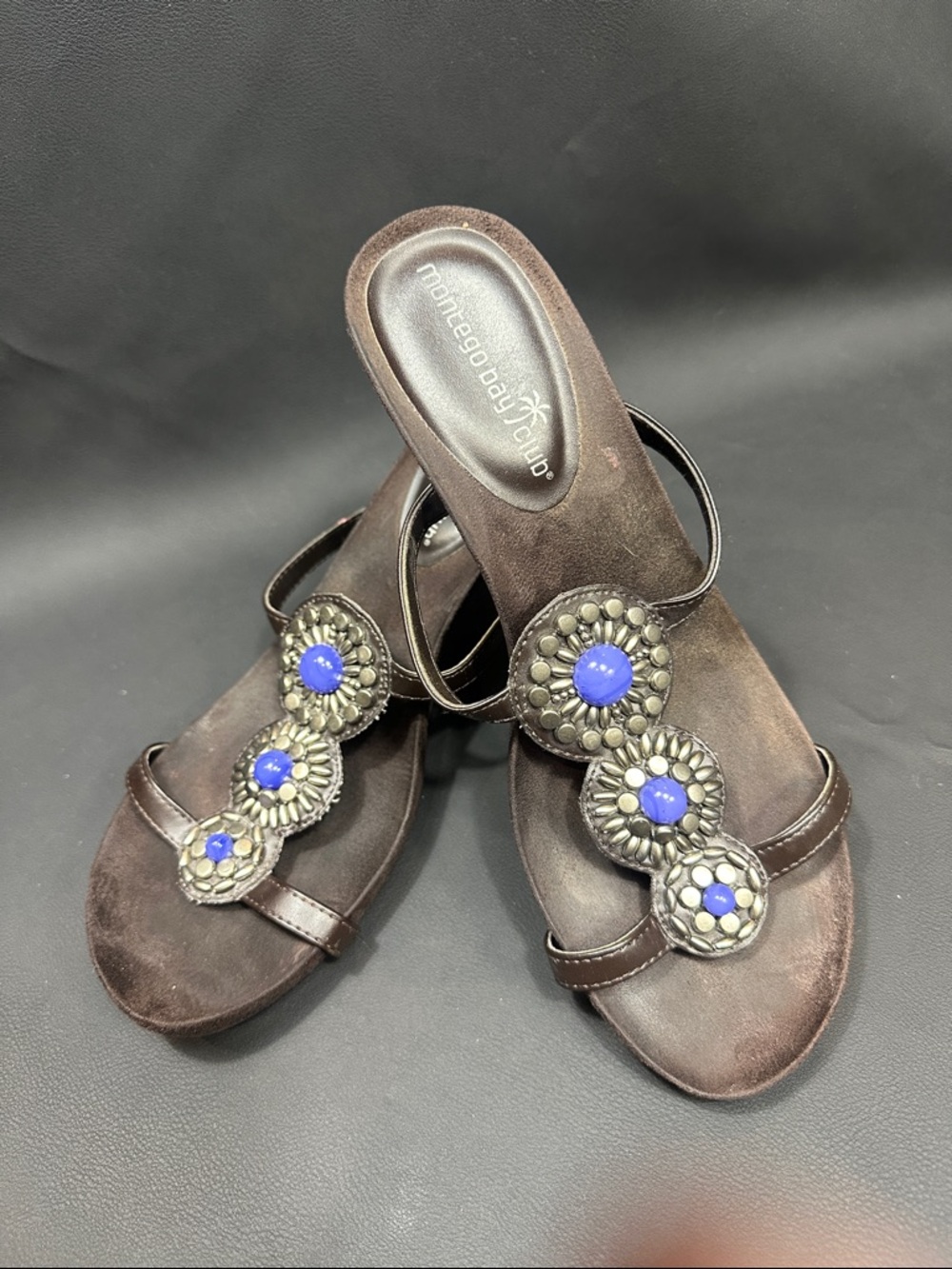 Montego Bay Club Brown Sandals with Blue Gem Accents. Size 6 1/2. 3” heel